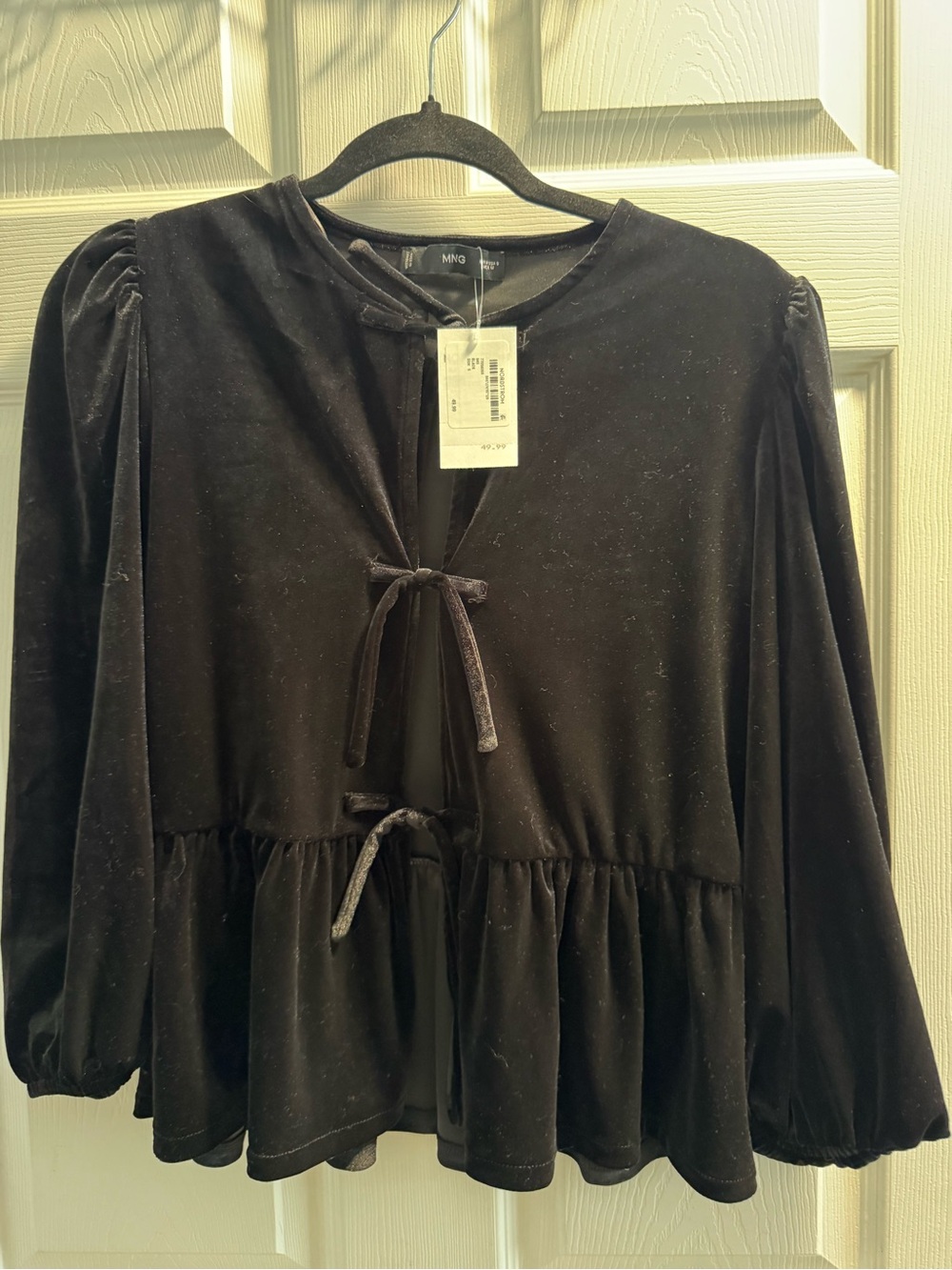 NWT Mango Black Velvet Tie-Front Peplum Blouse